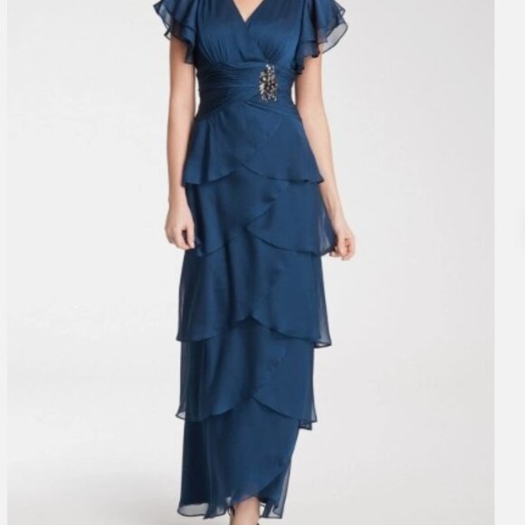 Adrianna Papell Navy Flutter Sleeve Tier Gown - Size 6 - Picture 6 of 16